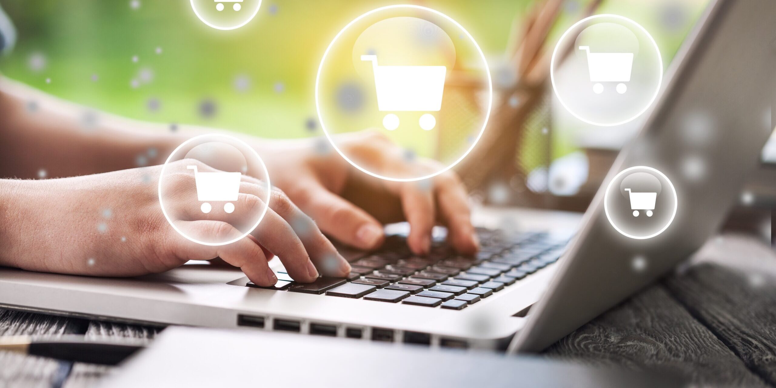 Laptop with eCommerce shopping cart network.