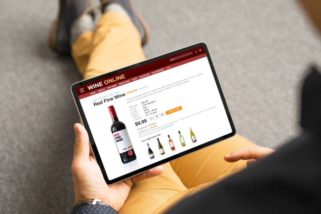 retail store selling alcohol online to customer relaxing at home